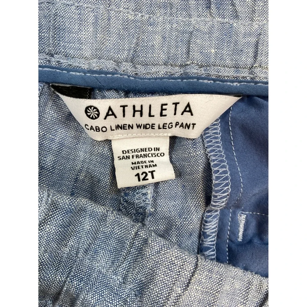 Athleta Cabo 100% Linen Wide Leg Pants Blue Chambray Drawstring 12T Tall Comfy - Picture 4 of 11